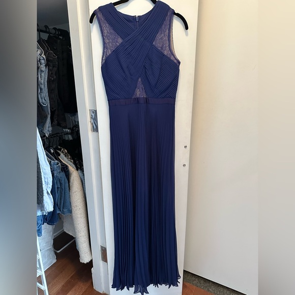 BCBG Blue Chiffon Pleated Dress with Lace - Picture 1 of 4